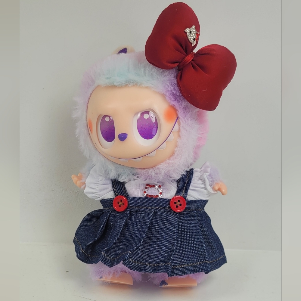 Labubu Hello Kitty Rhinestoned Denim Skirt,top & bow Outfit. Doll Not Included